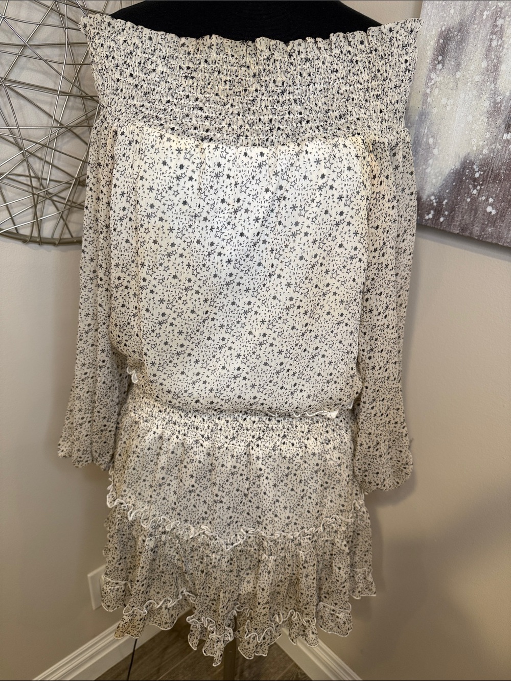 Off-Shoulder White Floral Ruffle Mini Dress